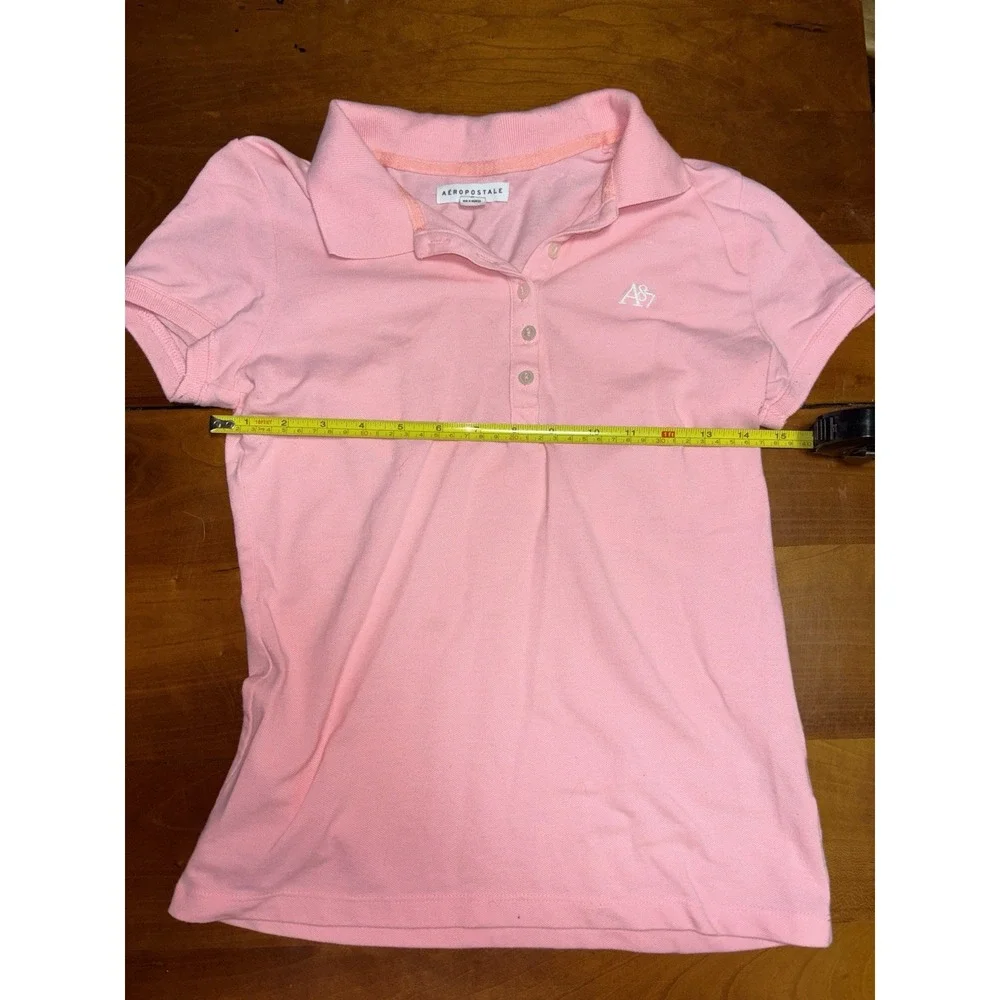 Y2K Aerpostale Women's Pink Collared Polo Size Medium T-Shirt Slim Fit - Picture 3 of 4